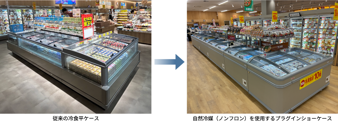 従来の冷食平ケースから自然冷媒（ノンフロン）を使用するプラグインショーケースへの導入・入れ替え事例イメージ